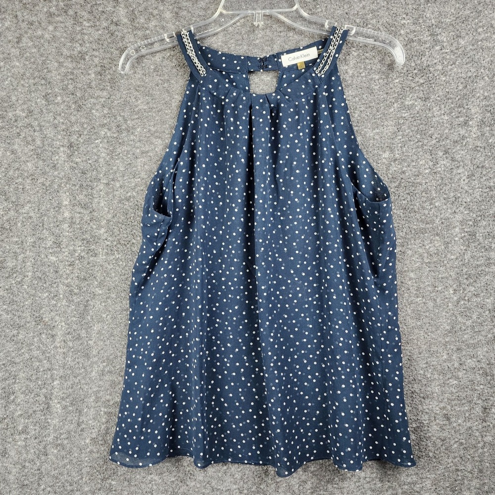 Calvin Klein Top Womens L Halter Navy Polka Dot Chain Neck Sleeveless EUC